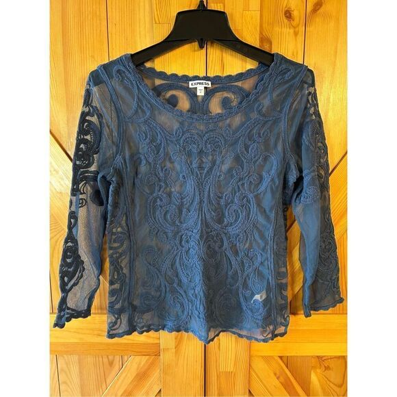 Express Blue Mesh Embroidered Long Sleeve Blouse Top Small (4942) - Picture 1 of 5